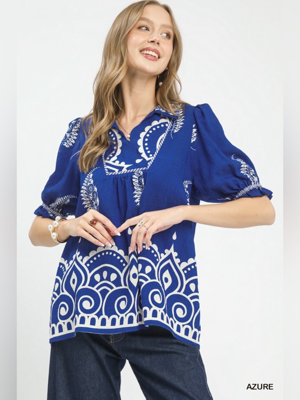 Umgee Printed Puff Sleeve Split Neck Top – Azure🛍️